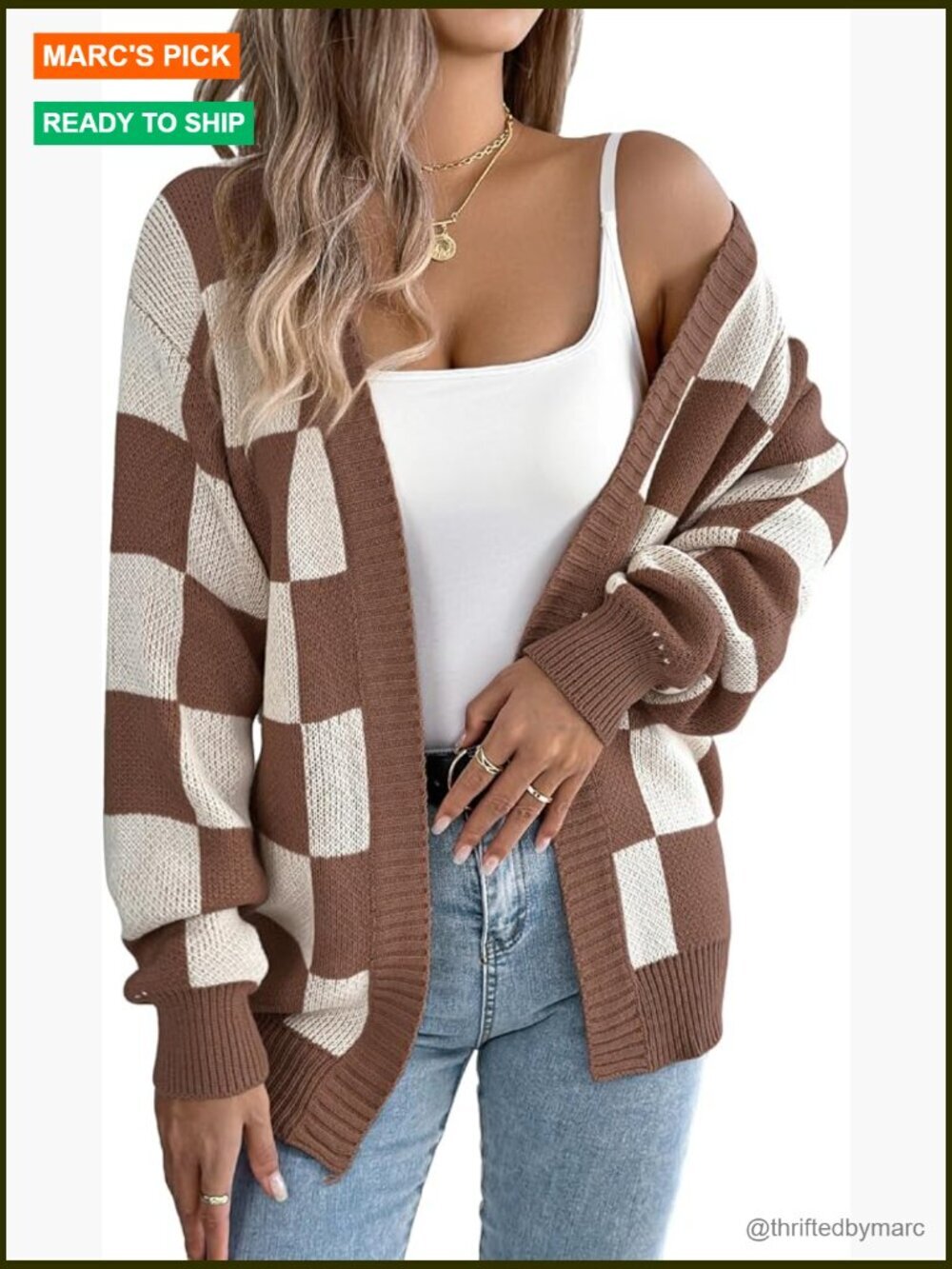 Oversized Checkered Cardigan Sweater Women Long Lantern Sleeve V-Neck Knit